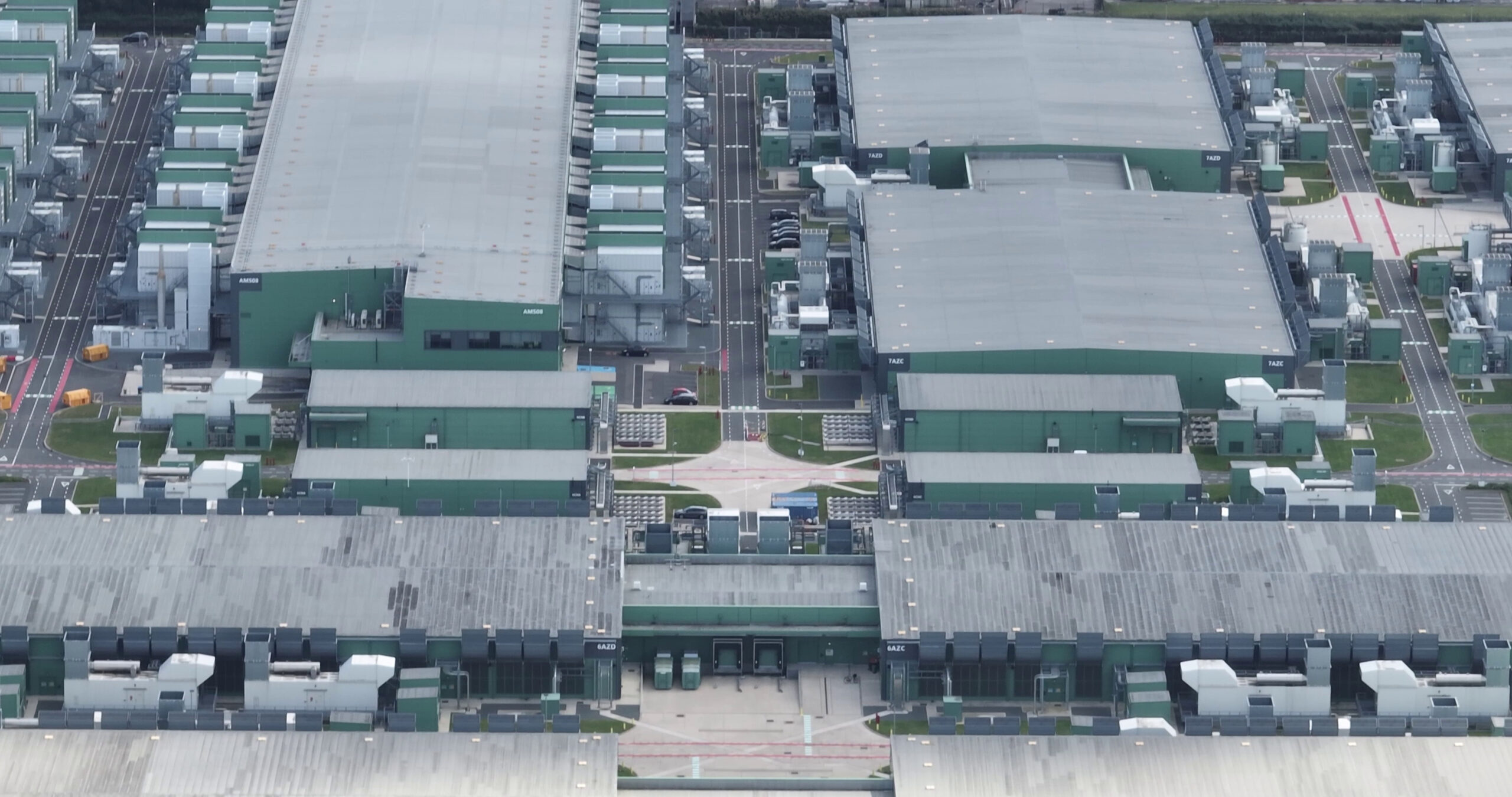 Still Image of Data Center Building Details Internet And Artificial Intelligience Infrastructure Computer Center Aerial Drone Video